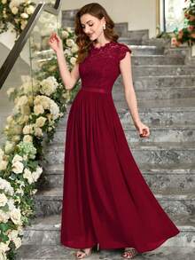 MIUSOL Floral Lace Short Sleeve Chiffon Satin Waist Formal Party Maxi Dress, Elegant Women's Party Gown, Ball Gown, Wedding Guest Dress, Graduation Ceremony Dress, Evening Gown - Burgundy - View 7