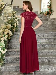 MIUSOL Floral Lace Short Sleeve Chiffon Satin Waist Formal Party Maxi Dress, Elegant Women's Party Gown, Ball Gown, Wedding Guest Dress, Graduation Ceremony Dress, Evening Gown - Burgundy - View 3