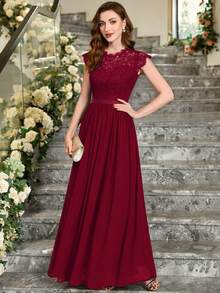 MIUSOL Floral Lace Short Sleeve Chiffon Satin Waist Formal Party Maxi Dress, Elegant Women's Party Gown, Ball Gown, Wedding Guest Dress, Graduation Ceremony Dress, Evening Gown - Burgundy - View 6