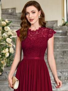 MIUSOL Floral Lace Short Sleeve Chiffon Satin Waist Formal Party Maxi Dress, Elegant Women's Party Gown, Ball Gown, Wedding Guest Dress, Graduation Ceremony Dress, Evening Gown - Burgundy - View 8