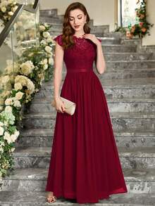 MIUSOL Floral Lace Short Sleeve Chiffon Satin Waist Formal Party Maxi Dress, Elegant Women's Party Gown, Ball Gown, Wedding Guest Dress, Graduation Ceremony Dress, Evening Gown - Burgundy - View 5