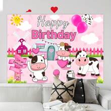 1 pièce Fond de scène d'anniversaire thème de la ferme avec vache de dessin animé "Joyeux anniversaire" - 100% polyester, sans plumes, adapté pour les fêtes et les séances photo, Noël