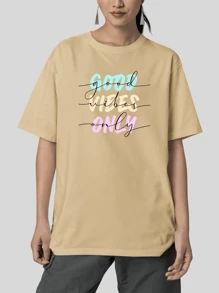 Blouse Oversized T-Shirt Print Good Vibes Only Fashion - 米色 - 查看 2