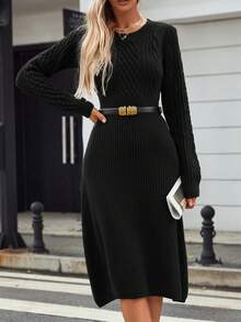 纯色圆领长袖修身长款毛衣连衣裙（图案随机） - 黑色 - 查看 7