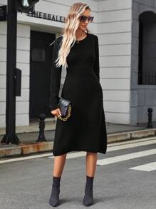 纯色圆领长袖修身长款毛衣连衣裙（图案随机） - 黑色 - 查看 1