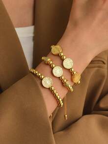 1個時尚創意鈦鋼圓形雙面人像吊墜珠子編織手鍊，適用於情侶或最好的朋友，日常聚會、節慶、派對適用，手鍊可調節 - 人像手鍊 - 查看 6