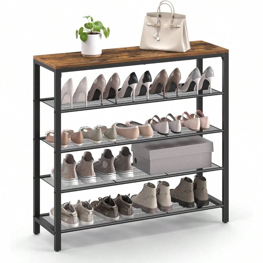 Shoe Rack, 5-Tier Shoe Storage Organizer With 4 Metal Mesh Shelves For 16-20 Pairs And Large Surface For Bags, For Entryway, Hallway, Closet, Industrial, Rustic Brown And Black ULBS15BX - 質樸的棕色 - 查看 1