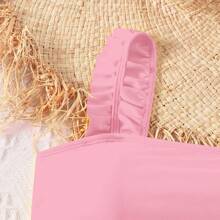 2024 New Tween Girls' Floral Print Ruffle Trim Cute Bikini Set Summer Beach - Pink - View 3