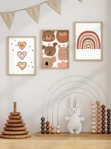 6 件波西米亞風牆藝術彩虹愛心帆布畫向日葵印刷圖片陽光壁畫熊畫海報苗圃牆壁海報女嬰臥室裝飾無框 - 杏色 - 查看 15