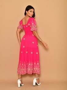 Lese 3D Embroidered Cotton Short Sleeve Midi Dress - 玫紅色 - 查看 3