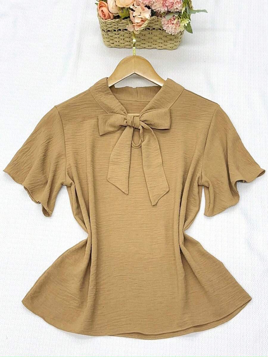 Yiang Short Sleeve Blouse With Front Tie For Women's Fashion - Màu Khaki - Xem 1