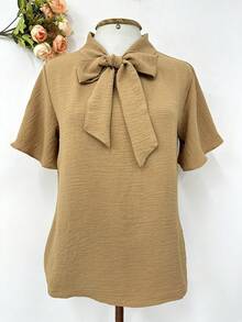 Yiang Short Sleeve Blouse With Front Tie For Women's Fashion - Màu Khaki - Xem 3