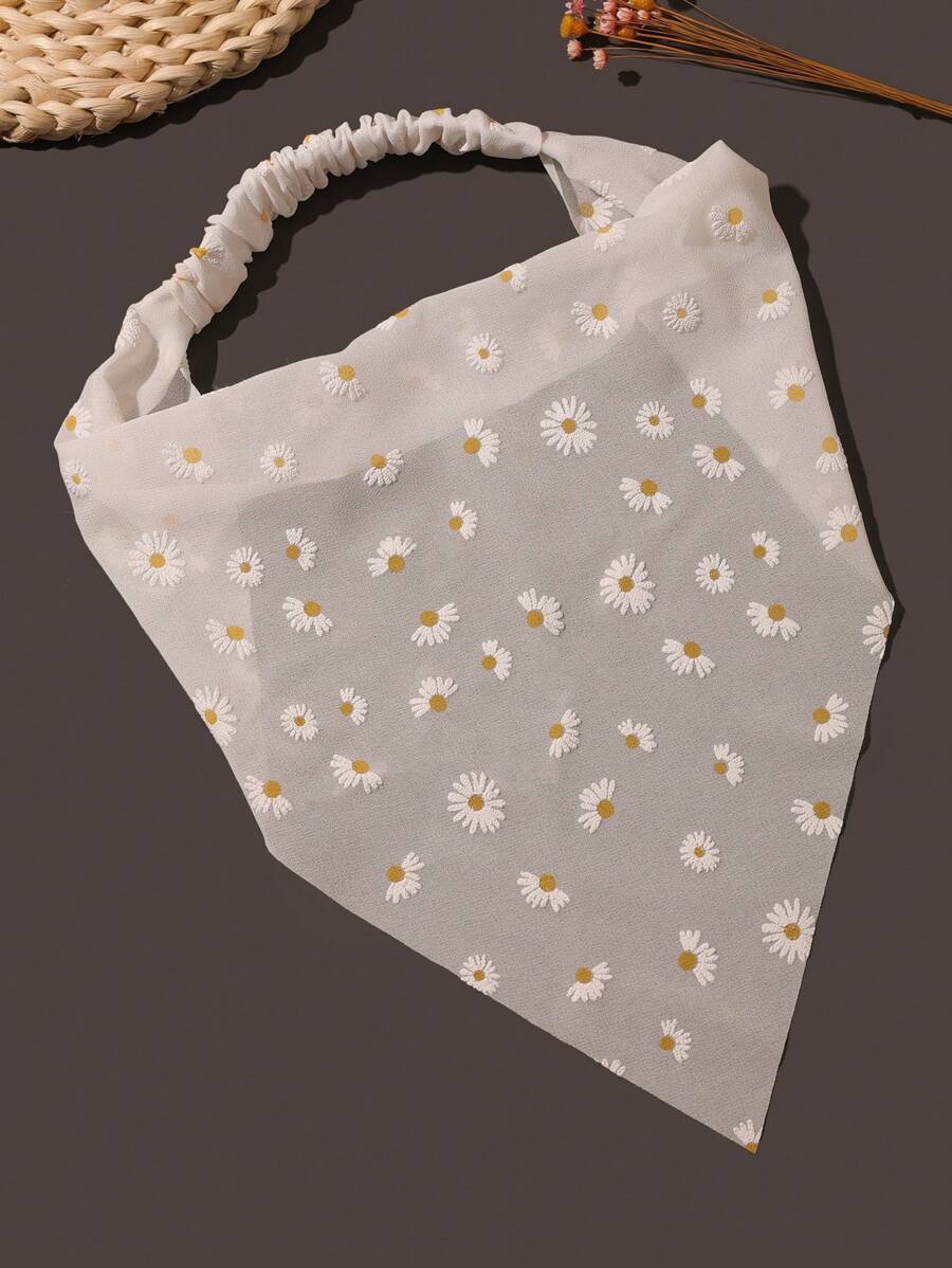 1pc Daisy Floral Triangle Headband Boho Elastic Hair Band Vintage Retro French Hair Accessories - White - View 1