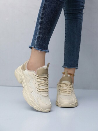 Women Sports Shoes New Anti-Slip Wear-Resistant Lightweight Mesh Breathable Casual Sneakers Outdoor Classic Campus Lace-Up Patchwork Contrast Color Platform Shoes Unisex Casual Vulcanized Shoes Spring Autumn New Simple Solid Color Low-Top Casual Trainers