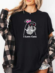 Women's T-Shirt Print I Love Cats Casual Style - 黑色 - 查看 1