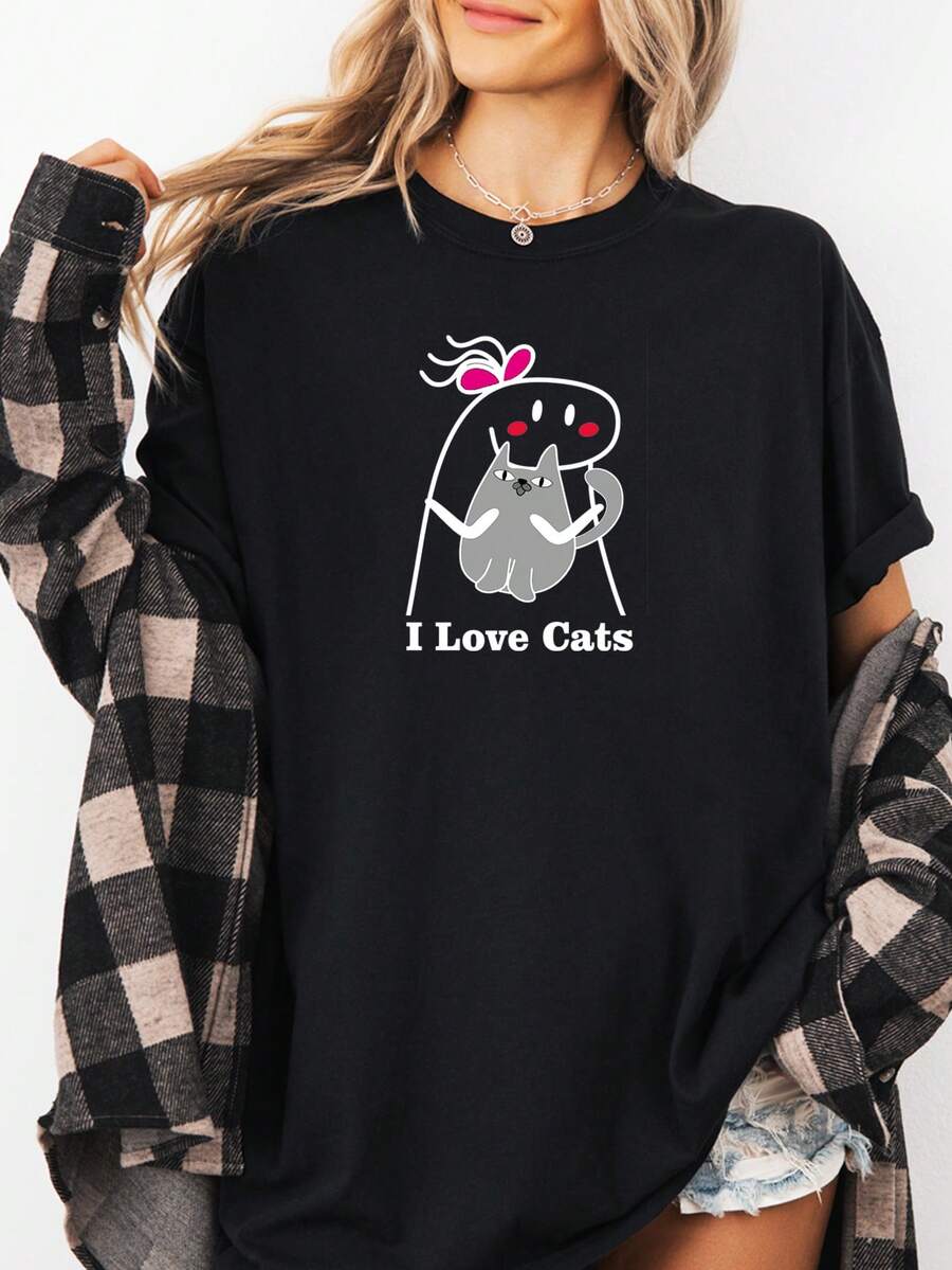 Women's T-Shirt Print I Love Cats Casual Style - 黑色 - 查看 1