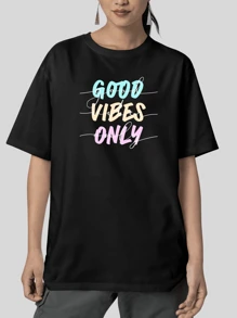 Blouse Oversized T-Shirt Print Good Vibes Only Fashion - màu đen - Xem 2