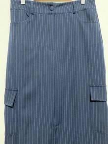 Elegant And Stylish Women's Striped Skirt Tailoring With Front Slit And Pocket WITHOUT BELT - Màu xanh lam - Xem 3