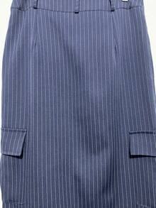 Elegant And Stylish Women's Striped Skirt Tailoring With Front Slit And Pocket WITHOUT BELT - Màu xanh lam - Xem 5