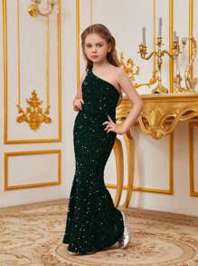 Tween Girl One Shoulder Backless Sequined Fishtail Skirt Party Dress - Dark Green - View 4
