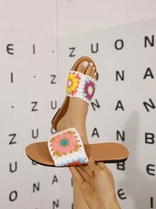 Pantuflas para mujer de casa, diseño tejido de ganchillo, cerradas de punta, dulces y lindas, antideslizantes, resistentes al desgaste, tallas grandes, color marrón. Sandalias planas de moda casual y simples para mujer