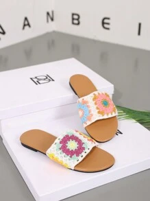 Pantuflas para mujer de casa, diseño tejido de ganchillo, cerradas de punta, dulces y lindas, antideslizantes, resistentes al desgaste, tallas grandes, color marrón. Sandalias planas de moda casual y simples para mujer