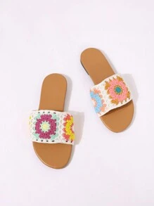 Pantuflas para mujer de casa, diseño tejido de ganchillo, cerradas de punta, dulces y lindas, antideslizantes, resistentes al desgaste, tallas grandes, color marrón. Sandalias planas de moda casual y simples para mujer