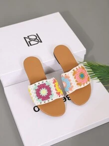 Pantuflas para mujer de casa, diseño tejido de ganchillo, cerradas de punta, dulces y lindas, antideslizantes, resistentes al desgaste, tallas grandes, color marrón. Sandalias planas de moda casual y simples para mujer