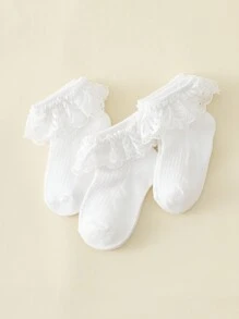 3 双女童蕾丝公主透气网眼装饰中筒袜，适合日常穿着和婚礼季节