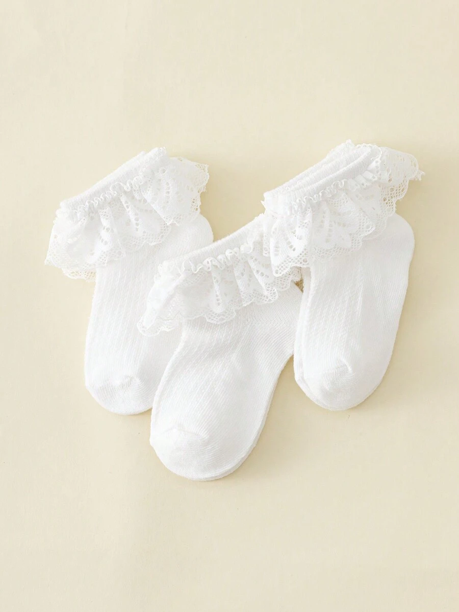3 双女童蕾丝公主透气网眼装饰中筒袜，适合日常穿着和婚礼季节