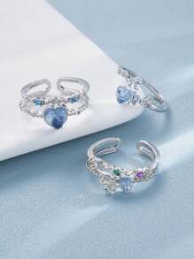 3pcs/Set Fashion Y2K Bow, Heart & Rhinestone Ring Set For Women, Daily, Party, Christmas Gift