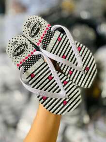 Kit 2 Pairs Flip Flop Sandals For Adult Women Flat Soft Beach Casual Printed Lightweight Comfortable Slim Day To Day And Summer Customized Launch - 黑與白 - 查看 8