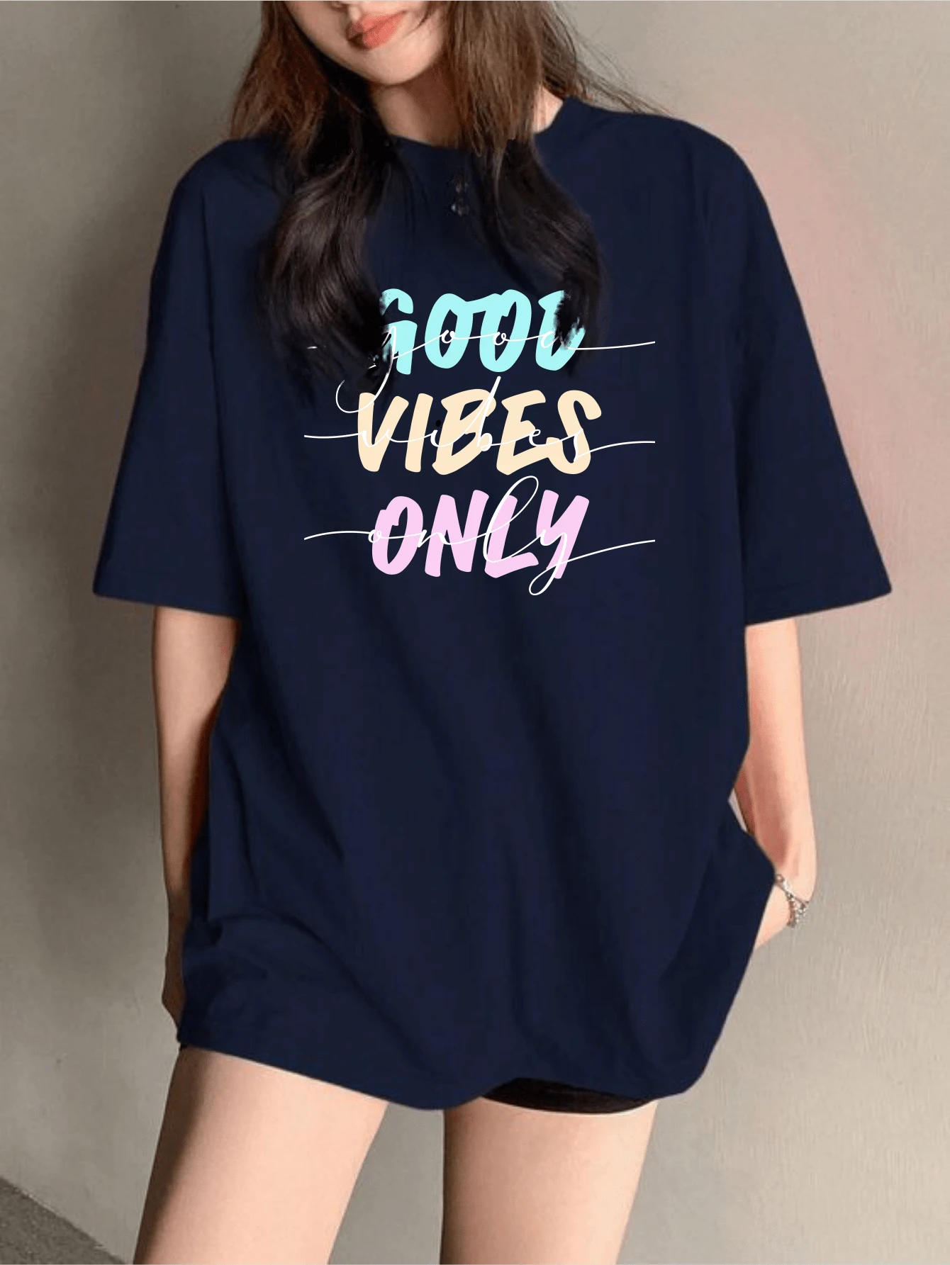 Blouse Oversized T-Shirt Print Good Vibes Only Fashion - 藏蓝色 - 查看 1
