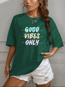Blouse Oversized T-Shirt Print Good Vibes Only Fashion - 軍綠色 - 查看 1