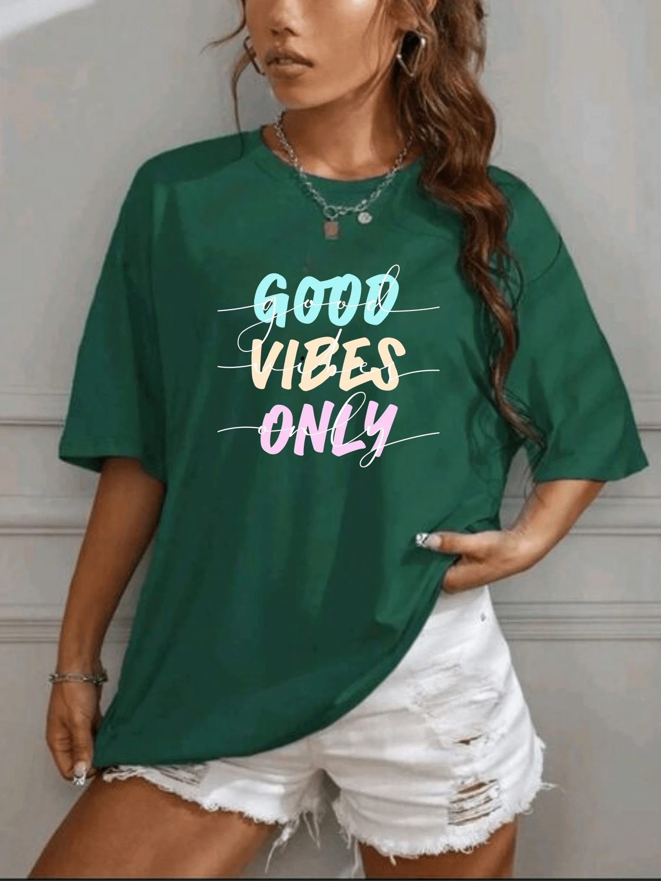 Blouse Oversized T-Shirt Print Good Vibes Only Fashion - 軍綠色 - 查看 1