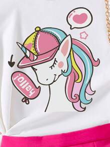 適合青少女穿著的獨角獸印花短袖T恤和純色蝴蝶結短裙套裝 - 白色 - 查看 3