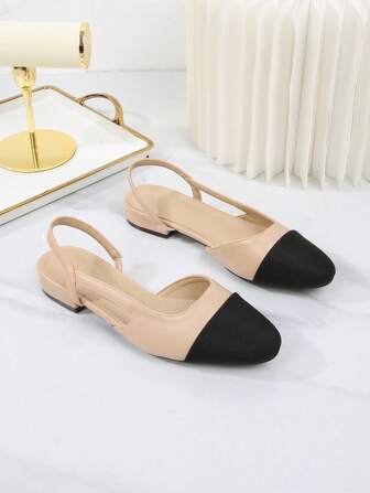 Sandalias con tiras para mujer de talla grande, zapatos planos de cuero con punta cuadrada, nuevos versátiles de estilo francés elegante con tacón bajo de color mixto, tacón medio, estilo clásico retro