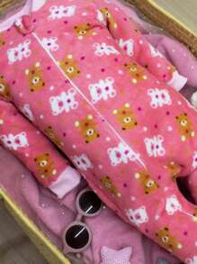 Cartoon Graphic Winter Baby Jumpsuit Fleece Boy Girl Blanket Covered Jumpsuit Baby Zipper Easy Dress Ideal For Cold Days Warm Plush With 100% Cotton Ribbed Knit Collar And Cuffs - 玫紅色 - 查看 7