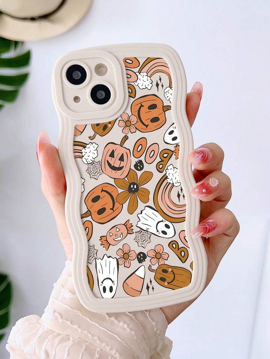 新奇万圣节 1 件南瓜和彩虹花朵图案波浪防震全身手机壳适用于 iPhone 15/14/13/12/11 - 彩色 - 查看 1