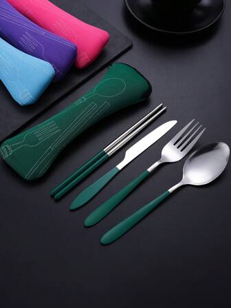 4件套不锈钢餐具套装（刀、叉、勺、筷子）带拉链袋，学生便携式餐具，厨房，圣诞礼物，学校用品