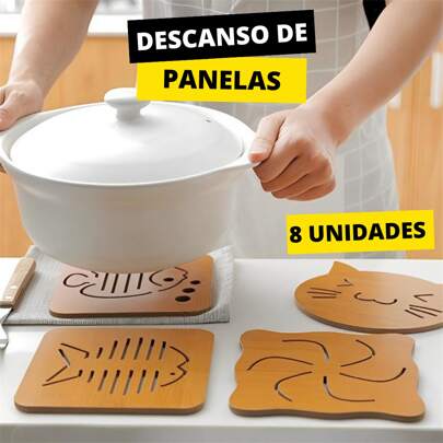 Kit 8 Descanso Para Panelas De Bambu Para Copo Protege Mesas Contra Riscos Para Cozinha Kit Americano