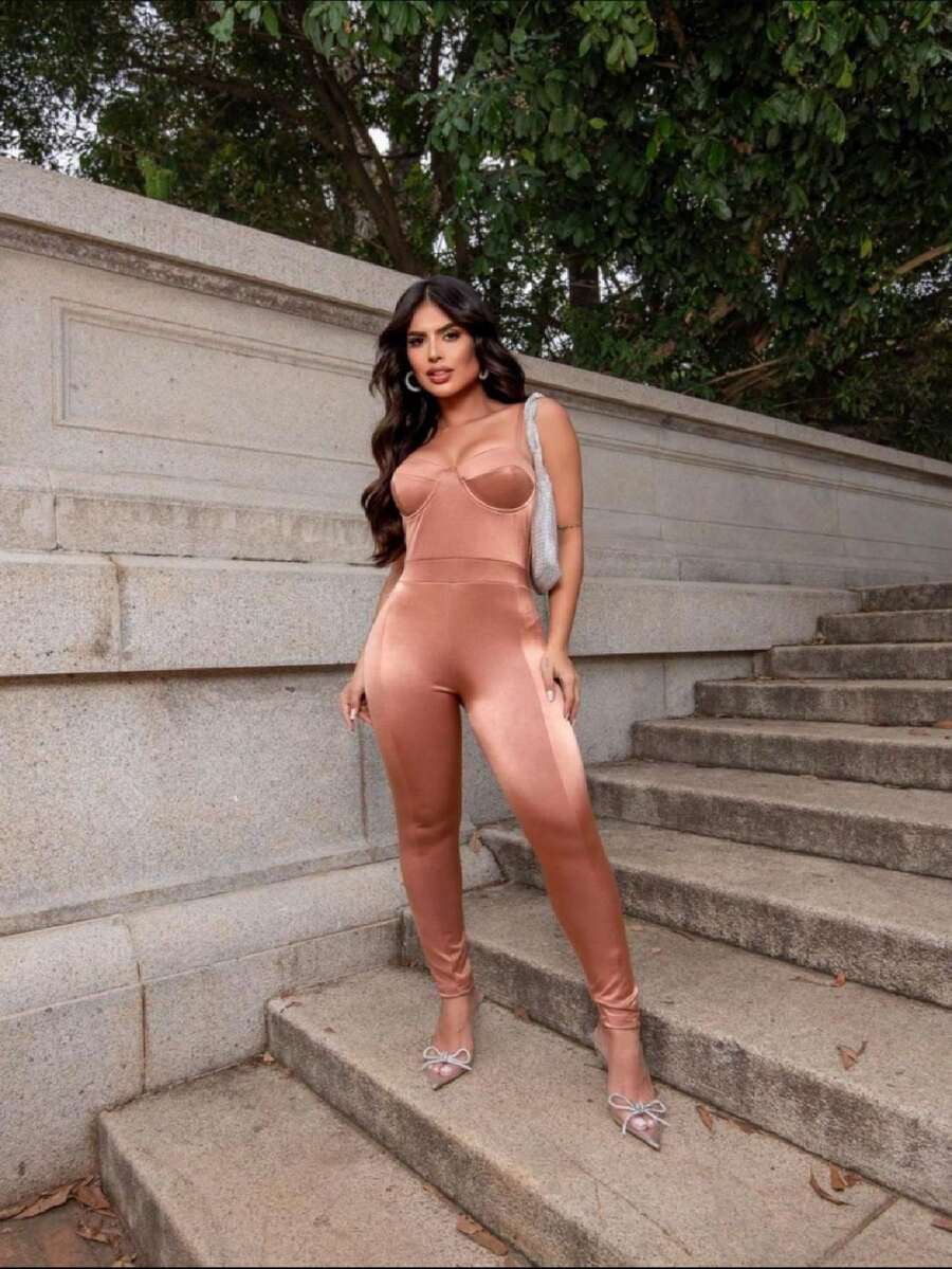 Women's Fashion Virginia Mesh Shine Jumpsuit - Rượu sâm banh - Xem 1