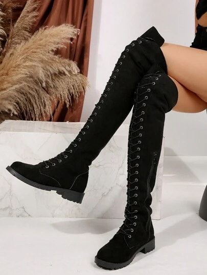 Fall/Winter New Black Fashion Lace-Up Thigh-High Boots For Women, Slim & Sexy Over-The-Knee Long Boots,Ideal With Black Corset