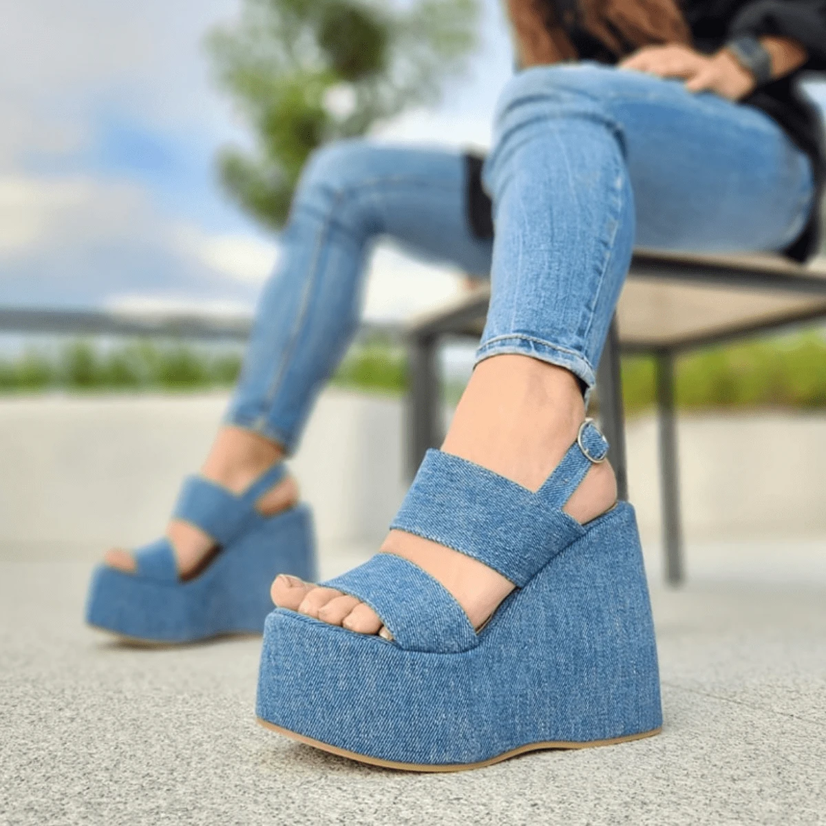 Plataformas Tacón Corrido Sandalias de Mujer con plataforma alta corridas - Azul - Ver 1