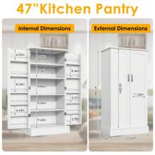 47" Kitchen Pantry Cabinet With Doors And Adjustable Shelves, White Freestanding Kitchen Pantry Storage Cabinet, Modern Sideboard Cupboard For Kitchen, Living Room And Dinning Room - 白色 - 查看 4