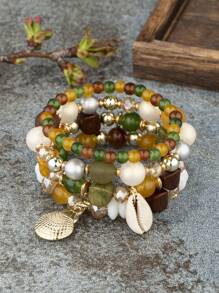 4 piezas Pulseras de estilo bohemio con cuentas de cristal y colgante de concha, recuerdos para vacaciones en la playa