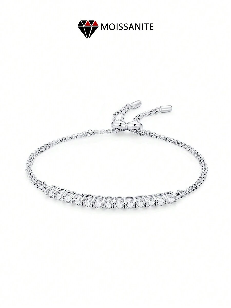 S925纯银1.3克拉莫桑石钻石男女款网球手链，可调节手链，时尚百搭，周年纪念婚礼、订婚、求婚、结婚礼物 - 銀色 - 查看 1