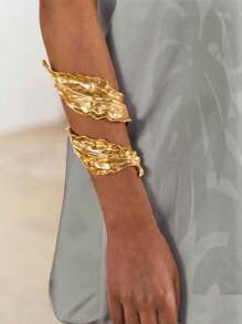 1入組朋克風誇張設計厚金屬葉形女式手鐲，金銀色彈簧手環，抽象設計手環色彩持久 - 金色 - 查看 5