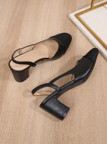 2025 新款方头拼色露边踝带经典法式设计大码女式凉鞋，老款风格，皮鞋，中跟，粗跟高跟鞋，时尚高跟鞋，复古法式优雅低跟小码鞋