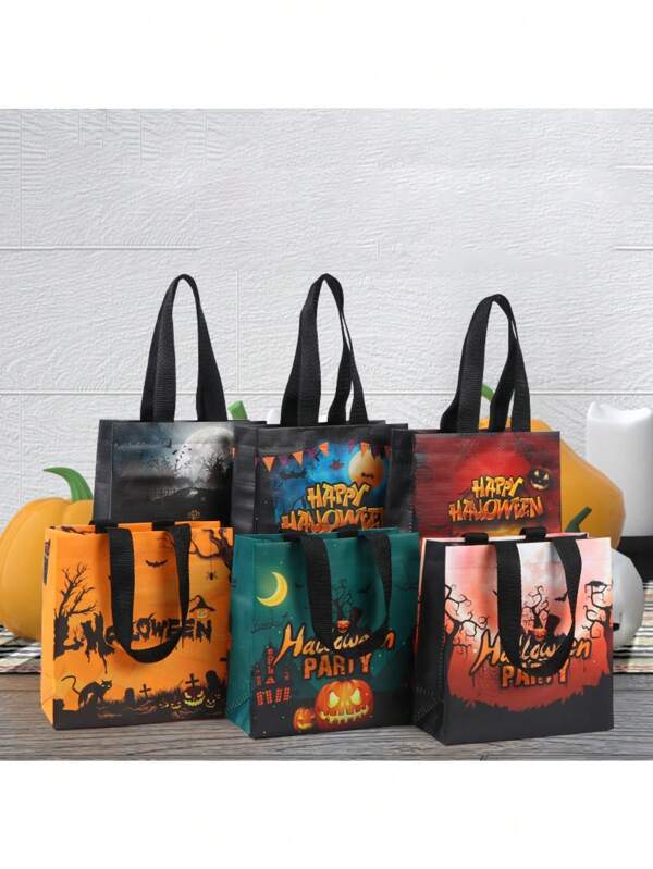 Paquete de 10 bolsas de tela no tejida reutilizables con asas para el Día de los Muertos/Halloween, de gran capacidad y plegables, aptas para obsequios y dulces de fiesta de Halloween (Margen de error de medición ±2cm)